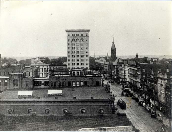 #34 Aerial view of Charlotte features City Hall, the Realty Building, and trolleys, 1900
