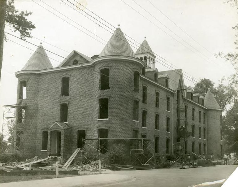 #10 Carter Hall with empty windows and scaffolding, 1950s