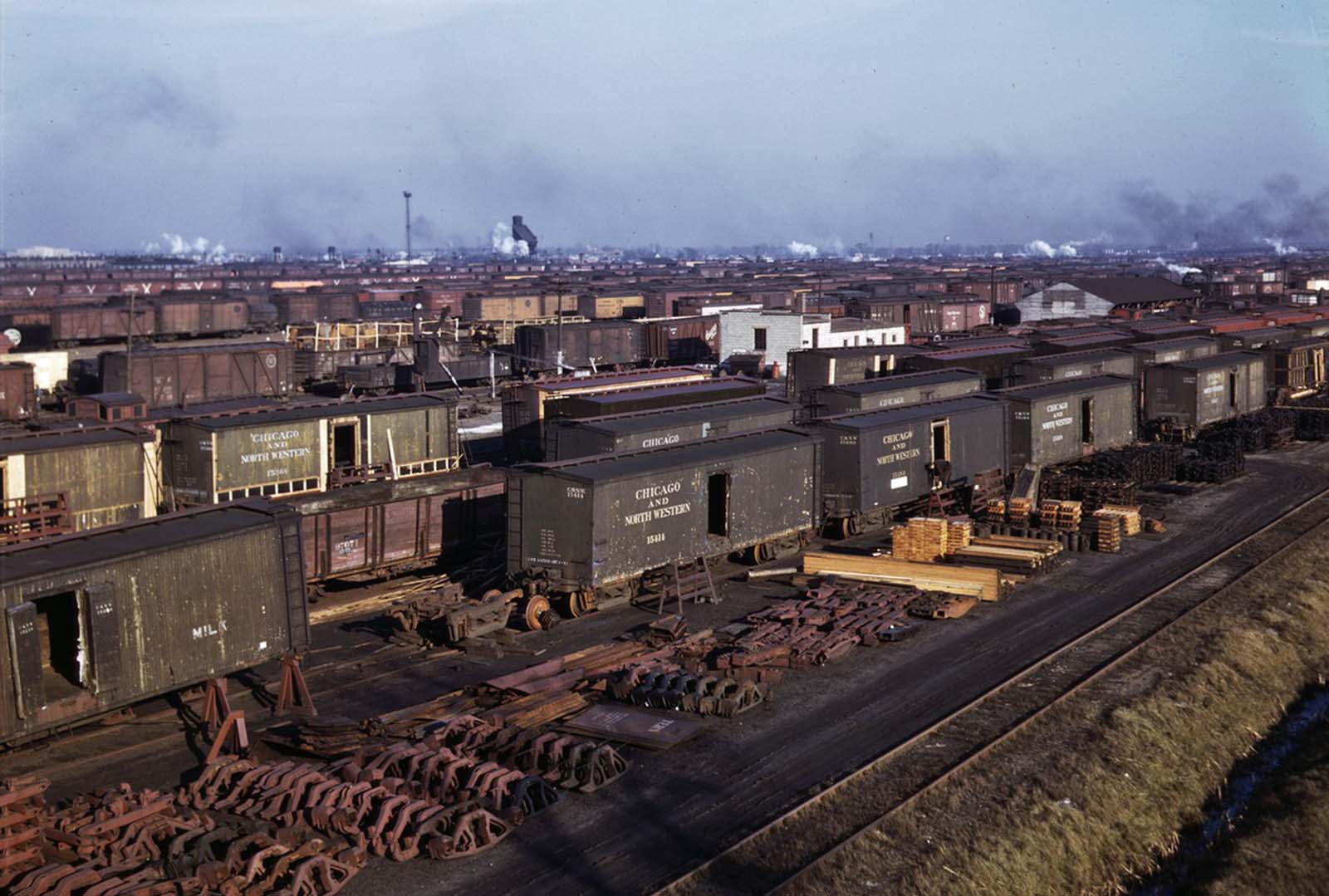 #17 Freight cars are maneuvered in a Chicago and North Western Railroad yard in December 1942.