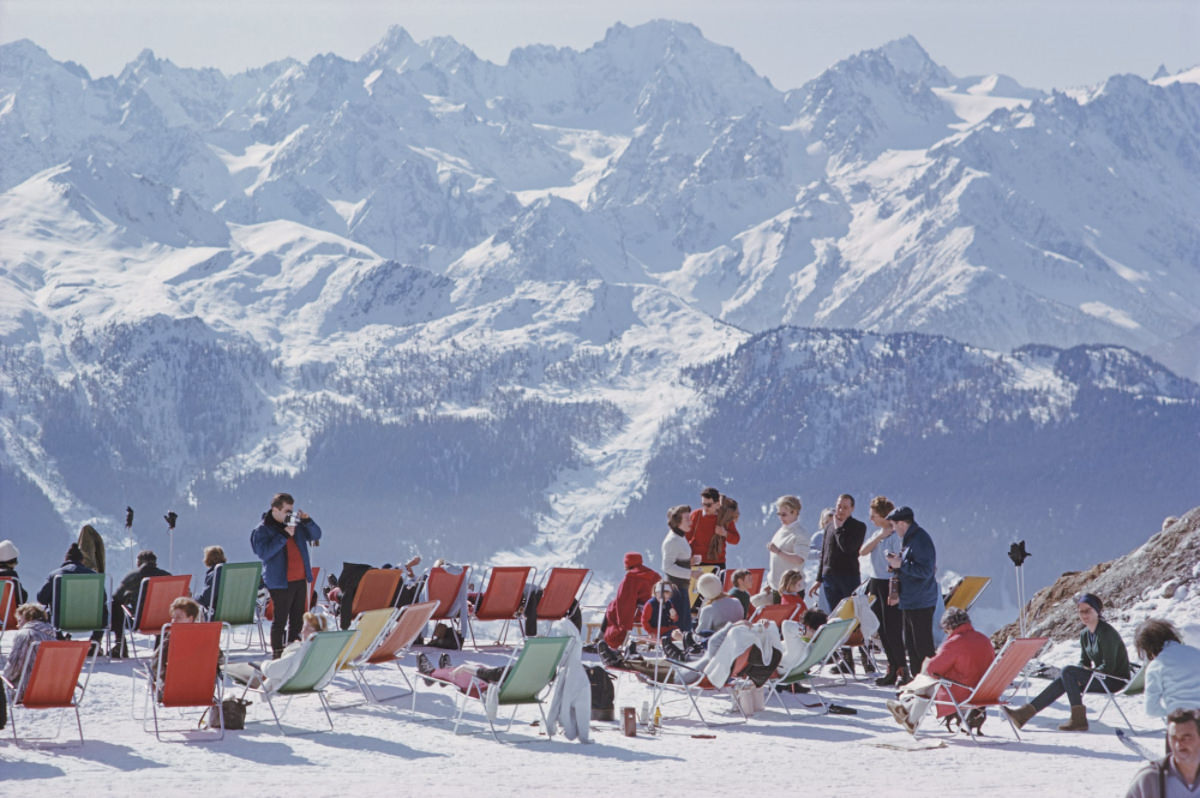 #1 Holidaymakers in sun loungers on the slopes at Verbier, Switzerland, February 1964.