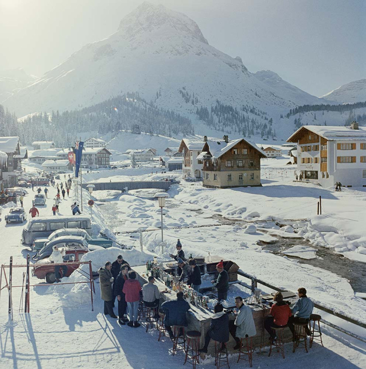 #4 The Ice Bar at the Hotel Krone in Lech, Austria, 1960. The mountain in the background is the Omershorn.