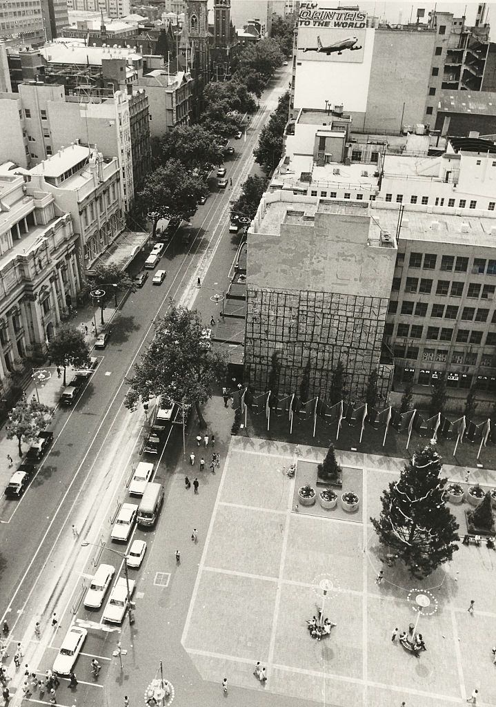 #44 Aerial view of Collins Street in Melbourne looking west from the City Square on, 1972