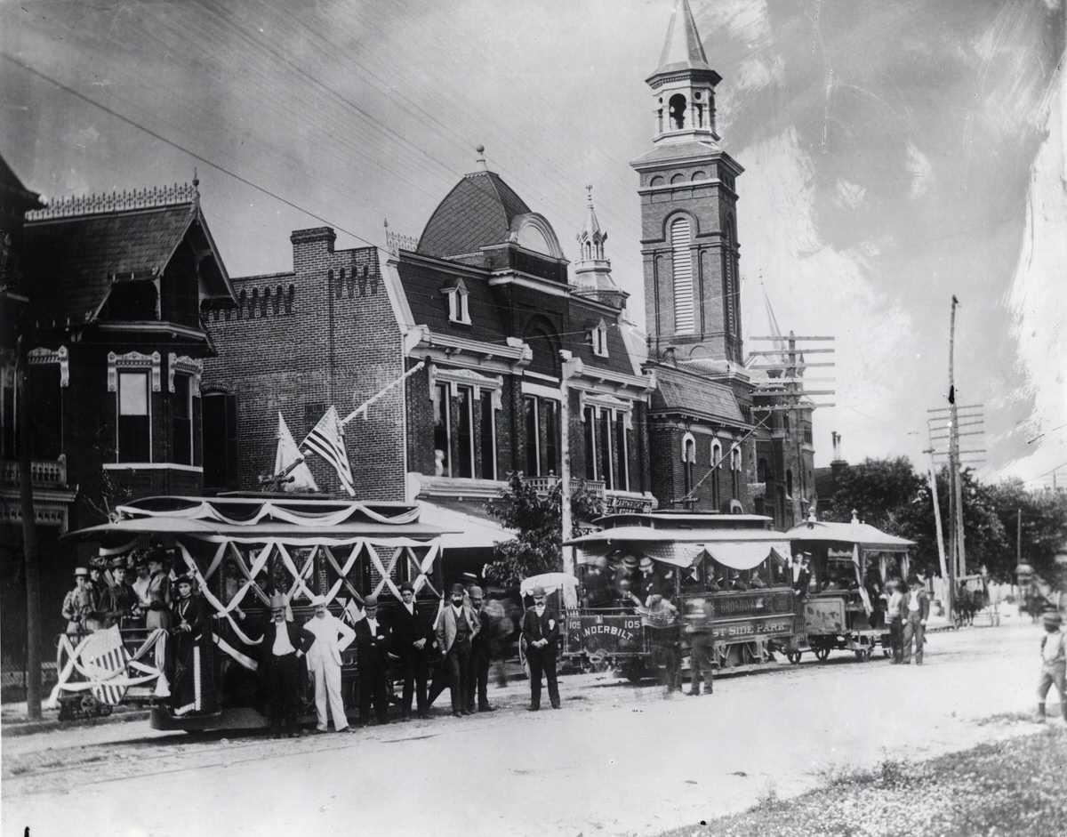 #13 The inaugural run of Nashville’s first electric streetcar at 16th Avenue and Broad, 1889