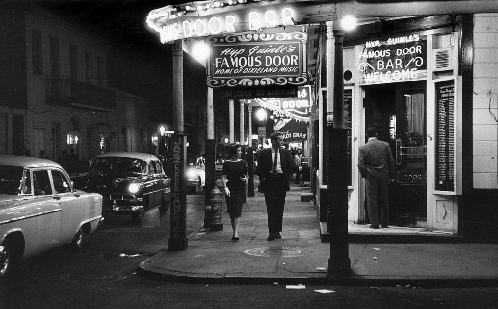 #53 The entrance to the ‘Famous Door Bar’ Dixieland jazz club in the French quarter (Vieux Carre) of New Orleans, 1955.