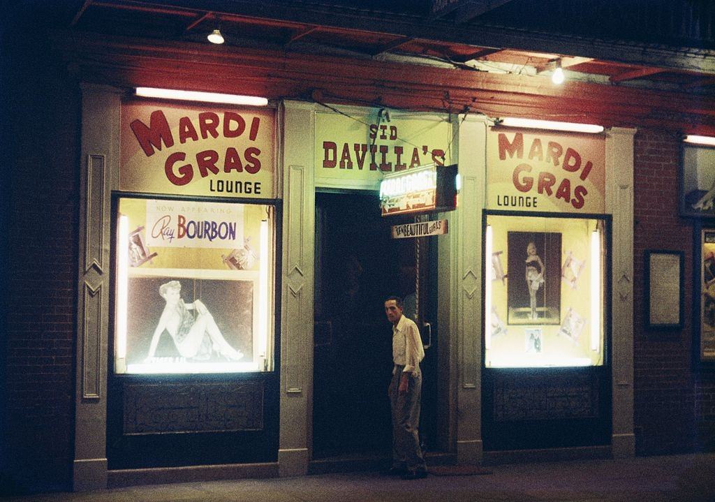 #128 Exterior of ‘The Mardi Gras Lounge’ On Bourbon Street in New Orleans, 1957.