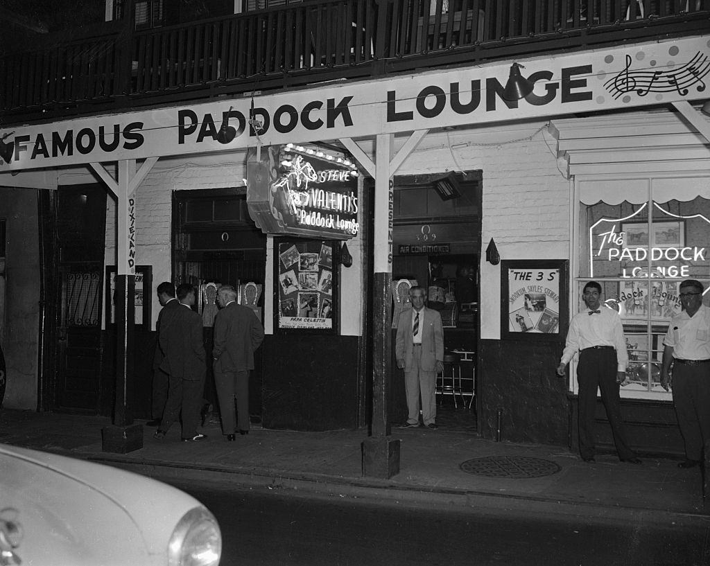 #68 Exterior view of the Paddock Lounge in the Latin quarter, New Orleans, 1950s.