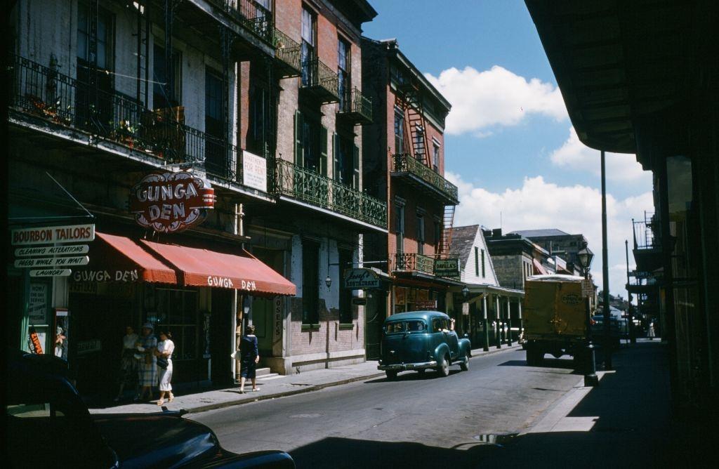 #16 A view down Bourbon street and the Gunga Den in New Orleans, 1957.