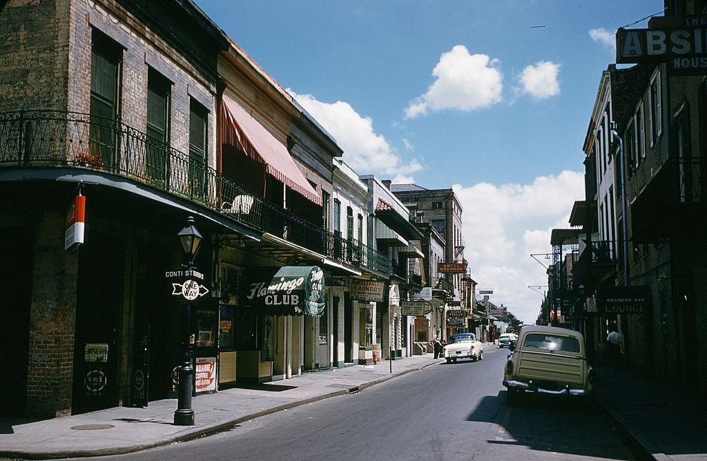 #71 A view down Bourbon street and the Flamingo club in New Orleans, 1957.