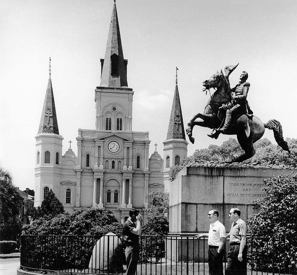 #57 View of Saint Louis Cathedral at Jackson Square, in front the statue of Major General Andrew Jackson, New Orleans, 1959.