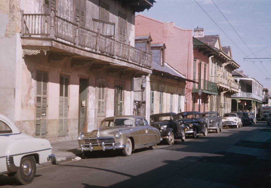 #91 600 block of Dauphine from St. Louis Street in the morning, New Orleans, 1951.