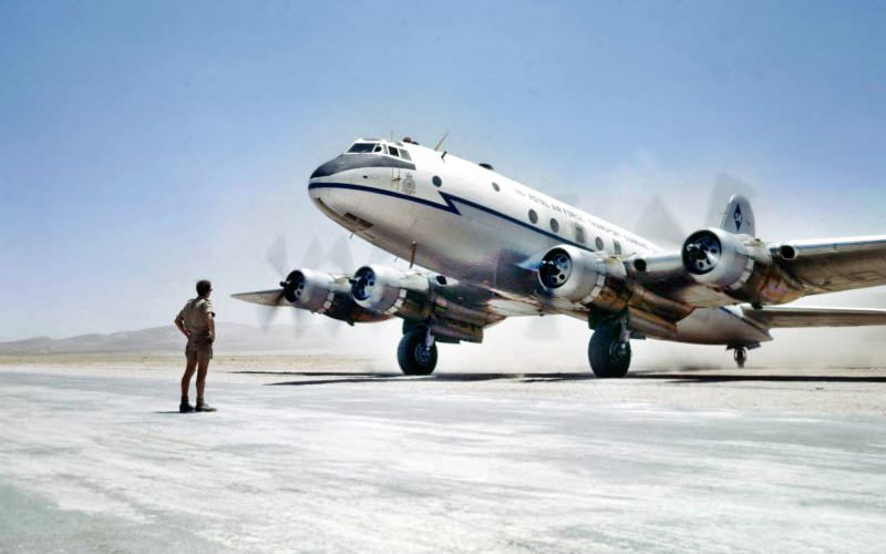 #20 Handley Page Hastings C.1 TG587 of No 511 Squadron taxies across a dusty airfield at Amman, Jordan, July 1958