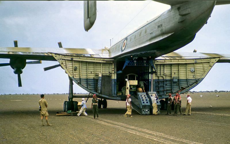 #34 Freight being off loaded from a Beverley heavy transport aircraft operated by the Royal Air force Transport Command at RAF Sharjah in the UAE, 1962