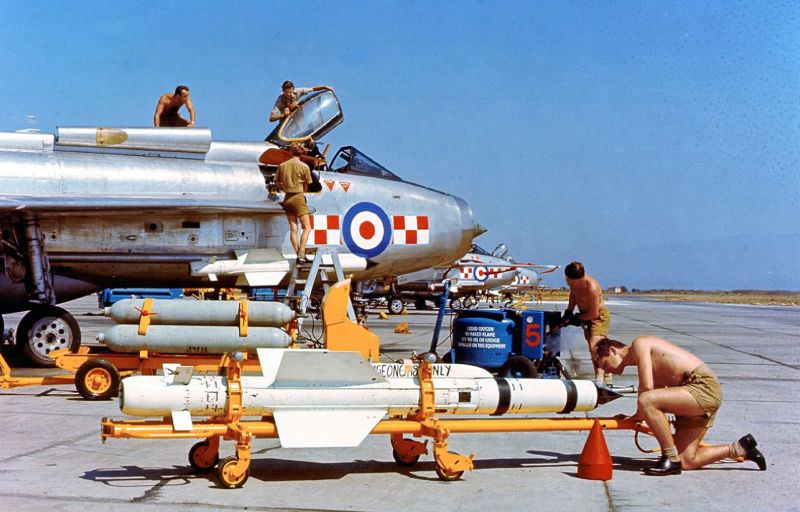 #37 No. 56 (F) Squadron English Electric Lightning F.3 having Firestreak missiles loaded on it at RAF Akrotiri, Cyprus, 1963