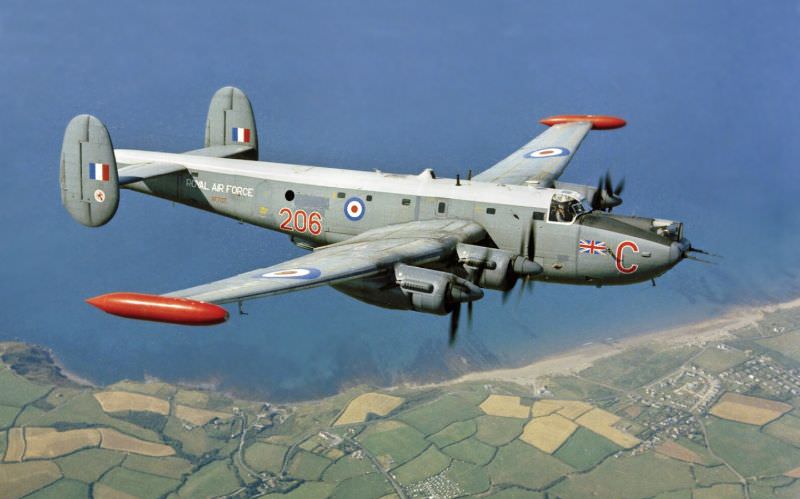 #40 Avro Shackleton MR.3 XF707 of No. 206 Squadron flying over the north coast of Cornwall near its home station of RAF St Mawgan, 1964