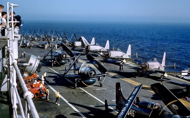 #12 Fleet Air Arm, Westland Wyvern, Douglas Skyraider and Hawker Sea hawk aircraft on the deck of HMS Eagle, 1955