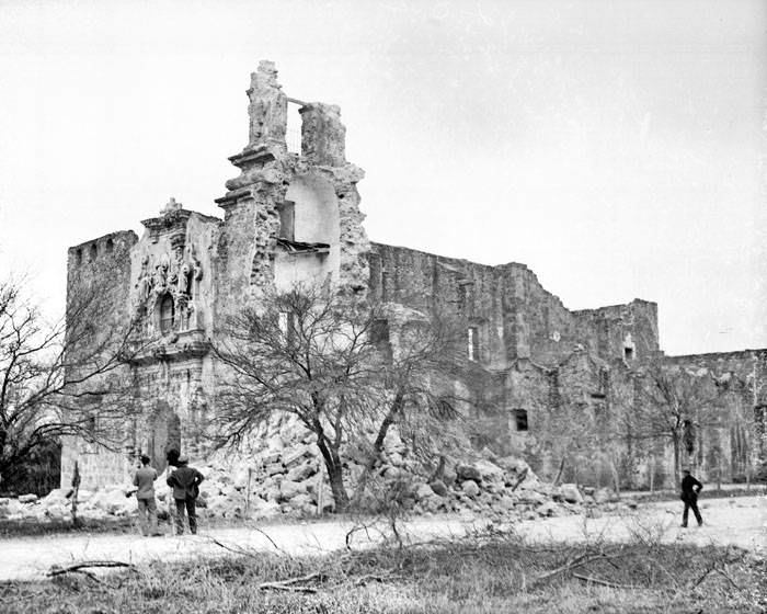 #15 Exterior of church after collapse of the bell tower, Mission San Jose, 1928