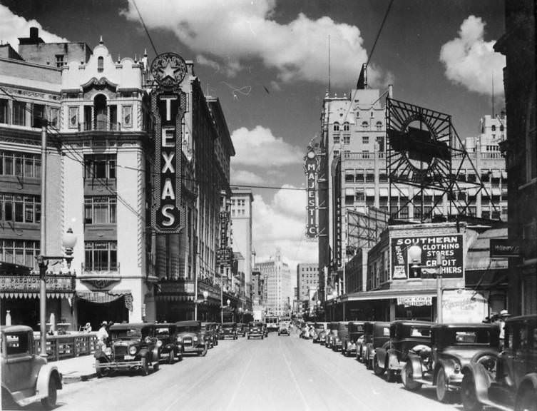 #1 Looking east on Houston Street with the Texas Theater and the Majestic Theater in view, 1920s