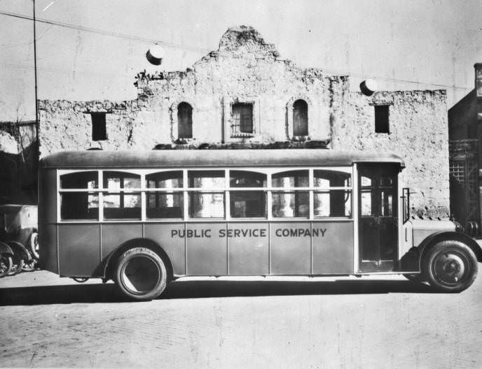#4 A San Antonio Public Service Company bus parked in front of the Alamo, 1924