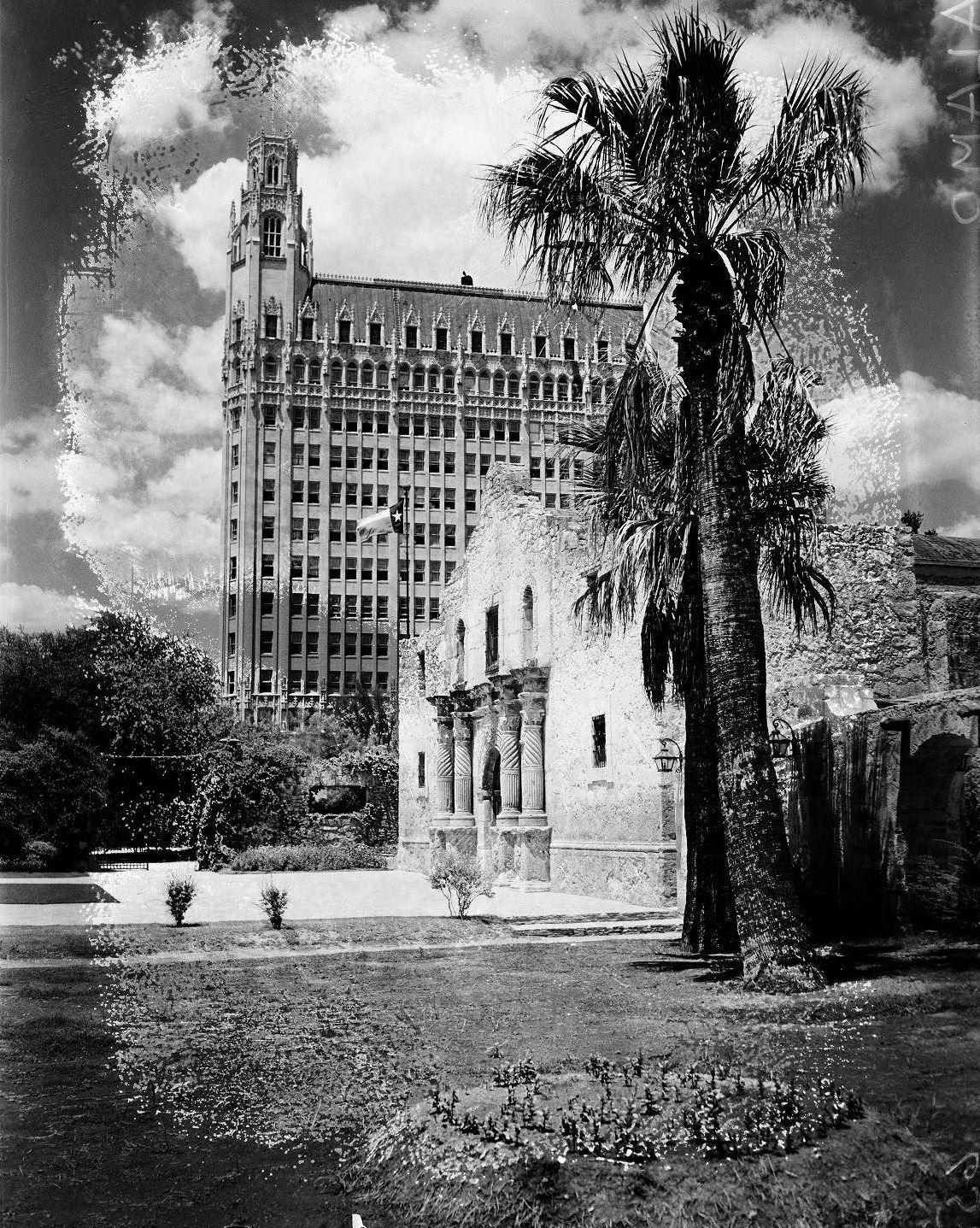 #24 The front of the Alamo with the Emily Morgan Hotel, 1925
