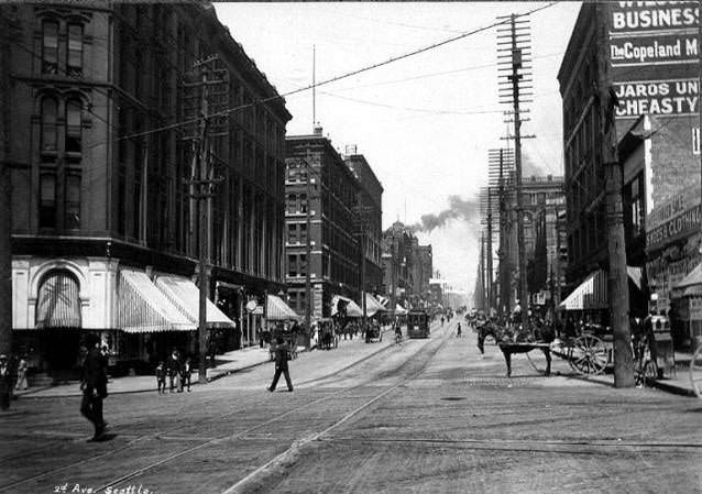 #1 2nd Ave. looking north from Yesler Way, Seattle, 1899
