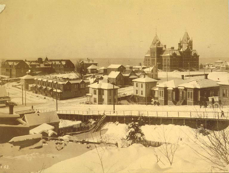 #138 Looking west from 7th Ave. and Columbia St. after a snowfall, Seattle, 1890