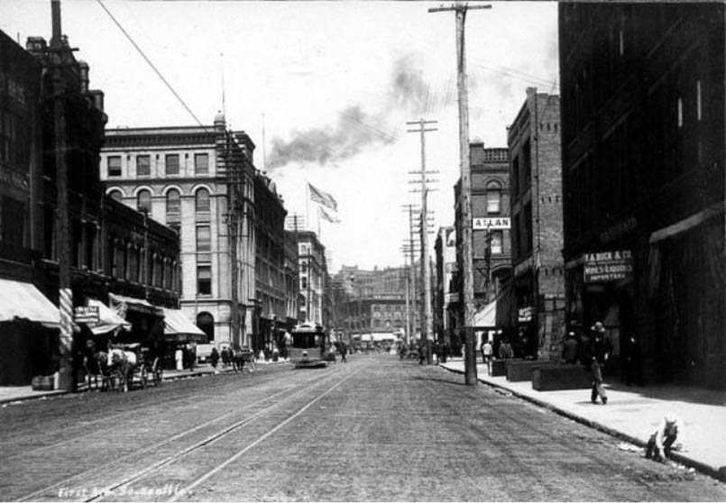 #25 1st Ave. S. looking north from Main St., Seattle, 1899