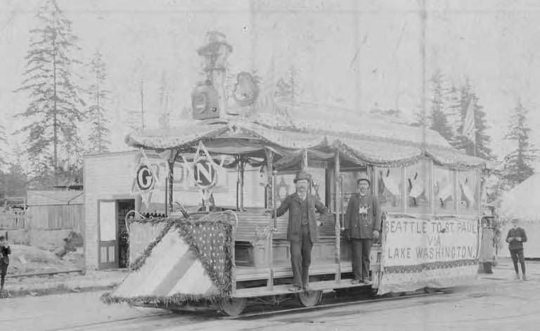 #145 Menstanding on the first through streetcar on Madison Street, Seattle, 1890
