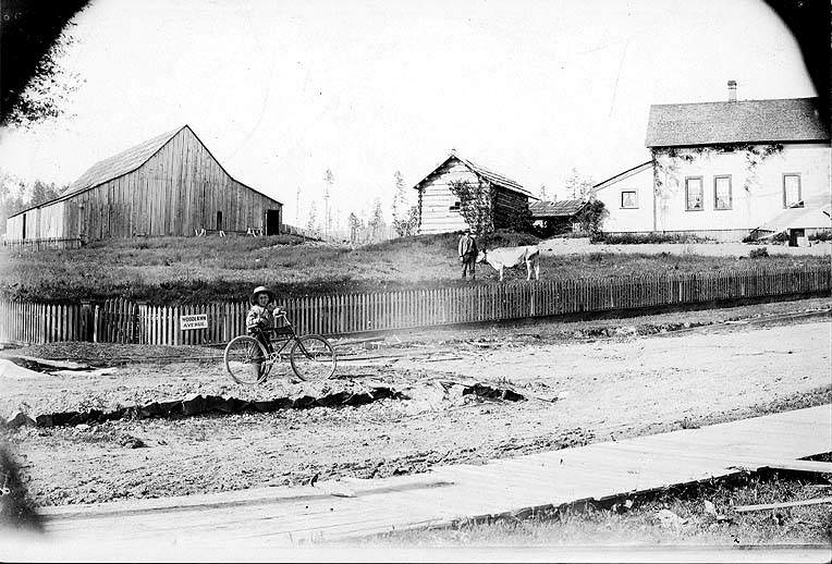 #151 Neil Conn with bicycle and George Conn with cow standing in front of William D. Wood house, Woodlawn Avenue, 1897