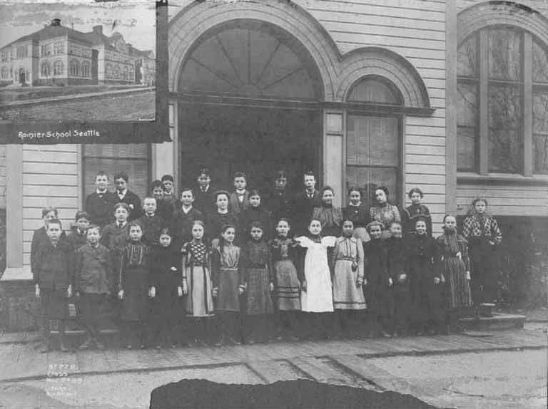 #159 Rainier School and school children posed in front of entrance, November 27, 1899