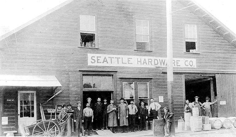 #50 Seattle Hardware Co. in temporary quarters at 2nd Avemie and Pike Street after the fire of June 6, 1889
