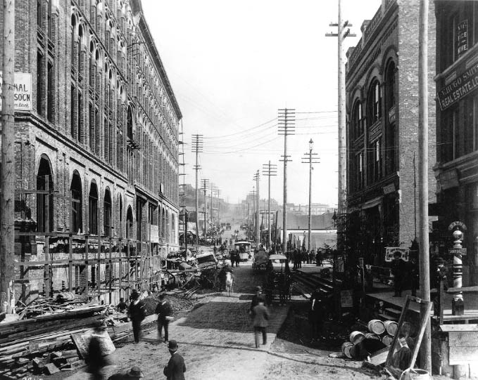 #57 Yesler Way, looking east from First Ave., Seattle, 1889