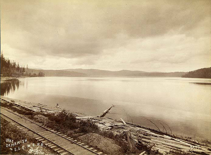 #91 Tracks of the Seattle Lake Shore and Eastern Railroad, Lake Samamish, Washington, approximately 1891.