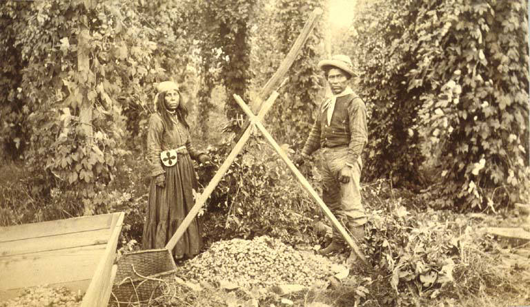 #64 Two Puget Sound Indians, a man and a woman, standing in a hop field, unidentified farm, 1889