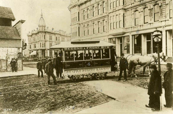 #73 First street car at S. Occidental Ave. and Yesler Way, September 20, 1884
