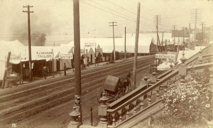 #105 Temporary tents at 2nd Ave. and Marion St. following fire, June 1889