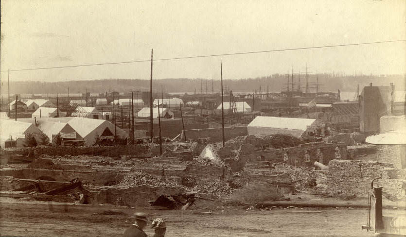 #118 View of temporary tents erected after fire from 2nd Ave. and James Street, June 1889