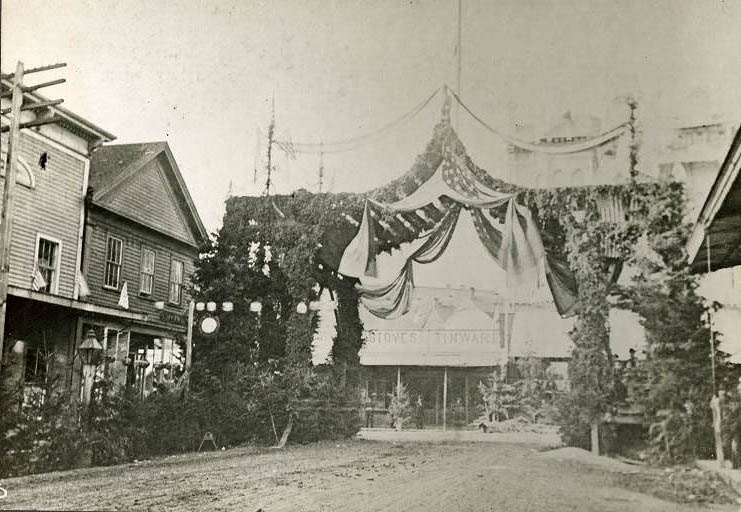 #146 1st Ave. and Yesler Way decorations for Henry Villard visit, September 14, 1883