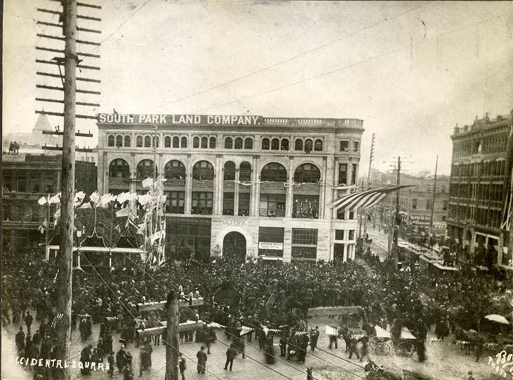 #112 Reviewing stand decorated for visit of President Benjamin Harrison at 1st Ave. and Yesler Way, May 6, 1891