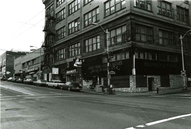 #35 Businesses at the northeast corner of 1st Ave. and Union St., Seattle, December 13, 1981