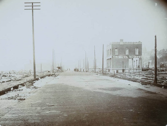 #14 AfAtermath of the Seattle fire of June 6, 1889, ooking Lnorth on 1st Ave. S. from Jackson St.June, 1889