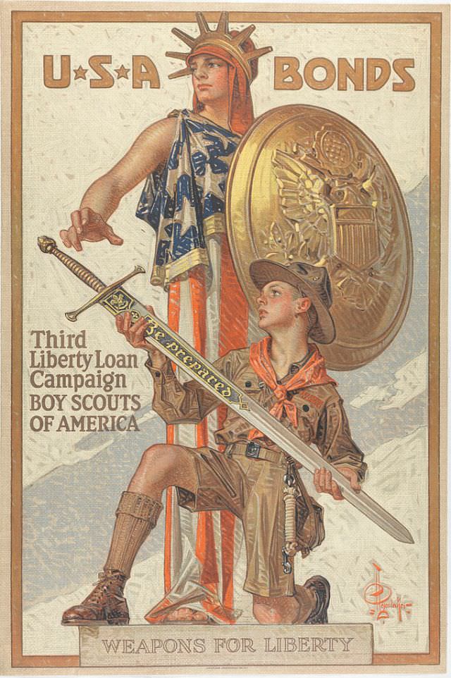 A boy holds a sword labeled ‘Be Prepared’, another person wearing a flag holds a shield behind the boy