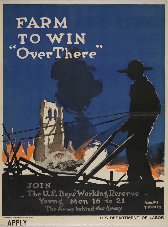 A boy plowing over a battle in the background to recruit young men to join the U.S. Boys’ Working Reserve, ‘the Army behind the Army’
