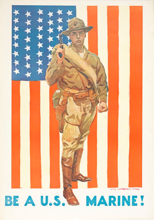 A Marine stands in front of a vertically hung American flag