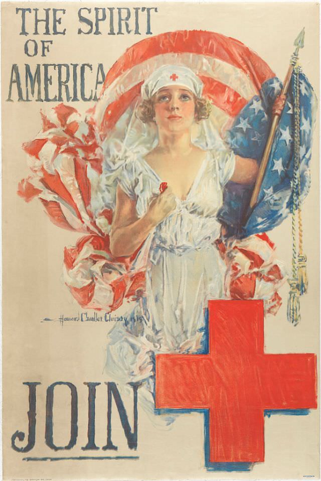 A nurse holding an American flag as ‘the spirit of America,’ and urges others to join the Red Cross