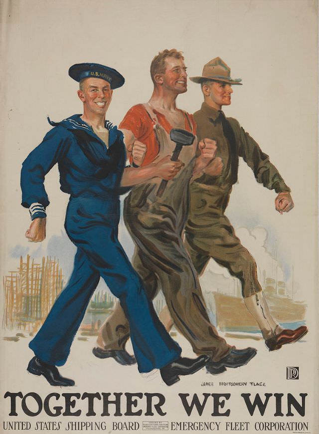 #34 A sailor, workman, and soldier walking arm-in-arm on a dock