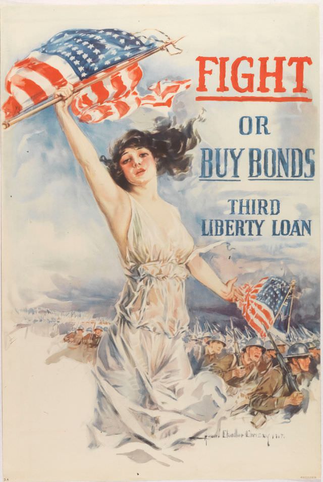 #50 Attractive young woman in flowing white dress holding an American flag above her head as soldiers march by