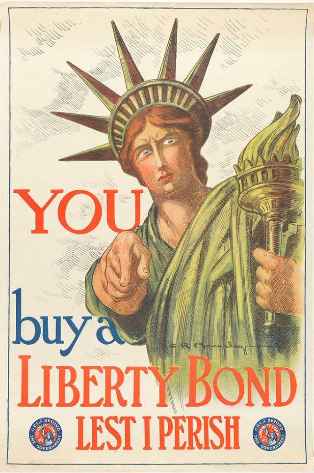 Lady Liberty urging Americans to buy liberty bonds, which would be redeemable for the bond’s purchase price with interest after the end of the war