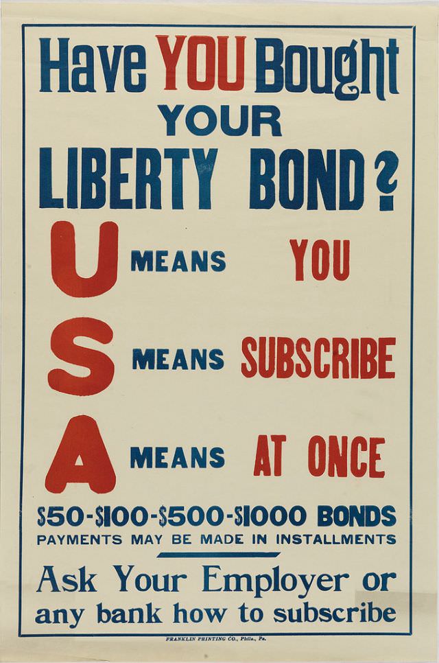 Poster encourages Americans to buy Liberty Bonds, saying that USA means ‘You Subscribe At Once’