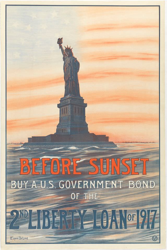 #67 The Statue of Liberty stands in front of a sky colored like the American Flag with text asks Americans to purchase Liberty Loans