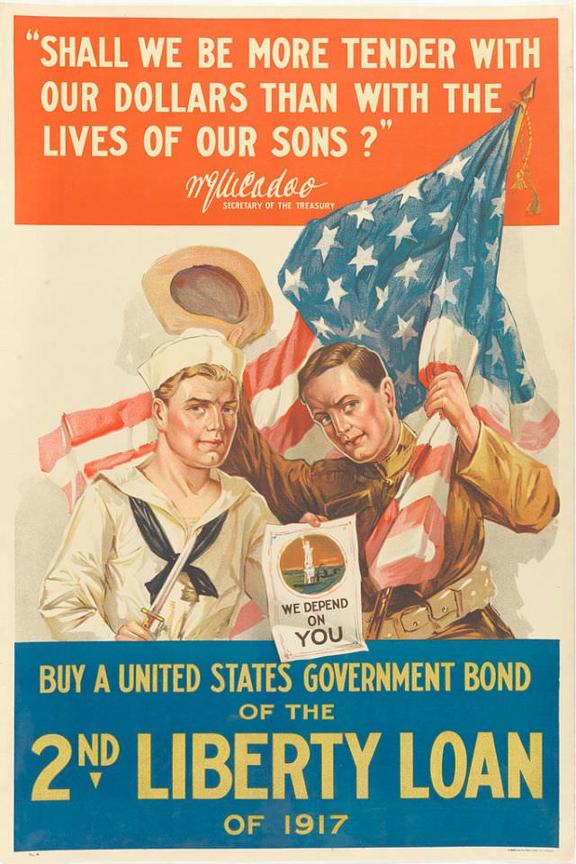 Two men in uniform stand in front of an American flag, with one holding a poster that reads, ‘We Depend On You’